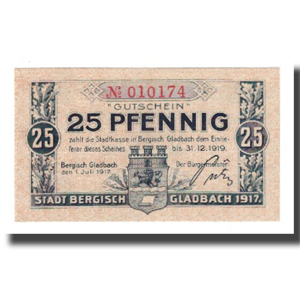 Billete, Alemania, Bergisch Gladbach Stadt, 25 Pfennig, Blason, 1919
