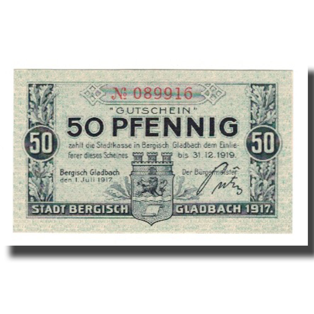 Geldschein, Deutschland, Bergisch Gladbach Stadt, 50 Pfennig, Blason, 1919