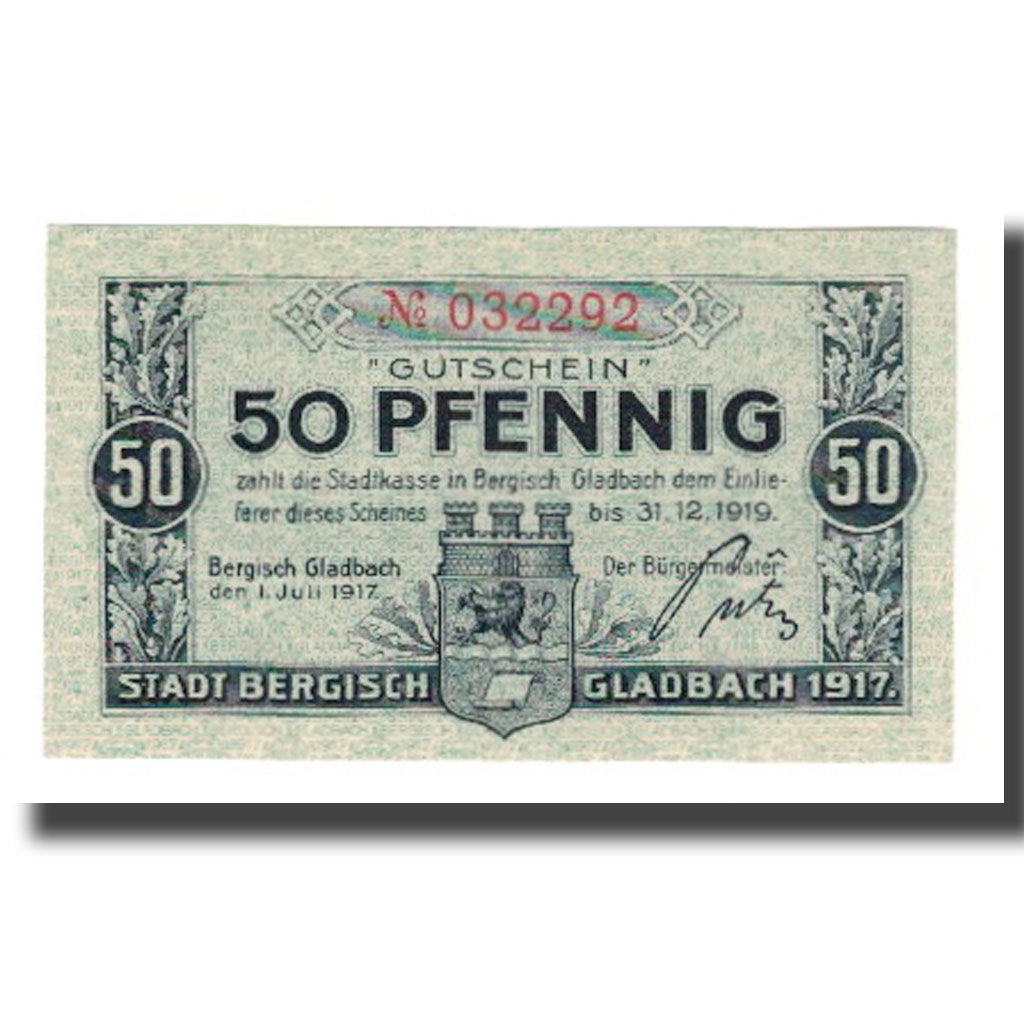 Banconote, Germania, Bergisch Gladbach Stadt, 50 Pfennig, Blason 1, 1919