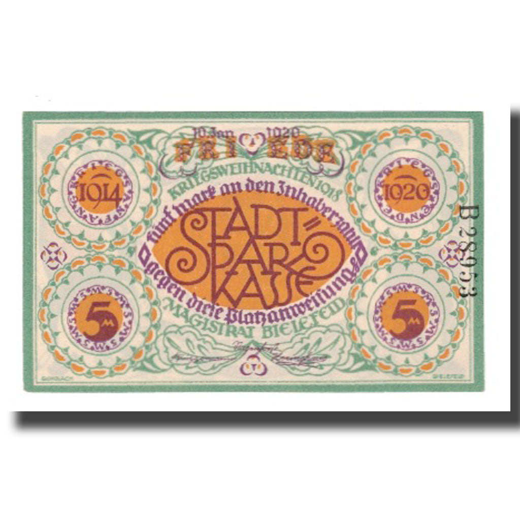 Banconote, Germania, Bielefeld Stadt, 5 Mark, personnage, 1920, 1920-01-10