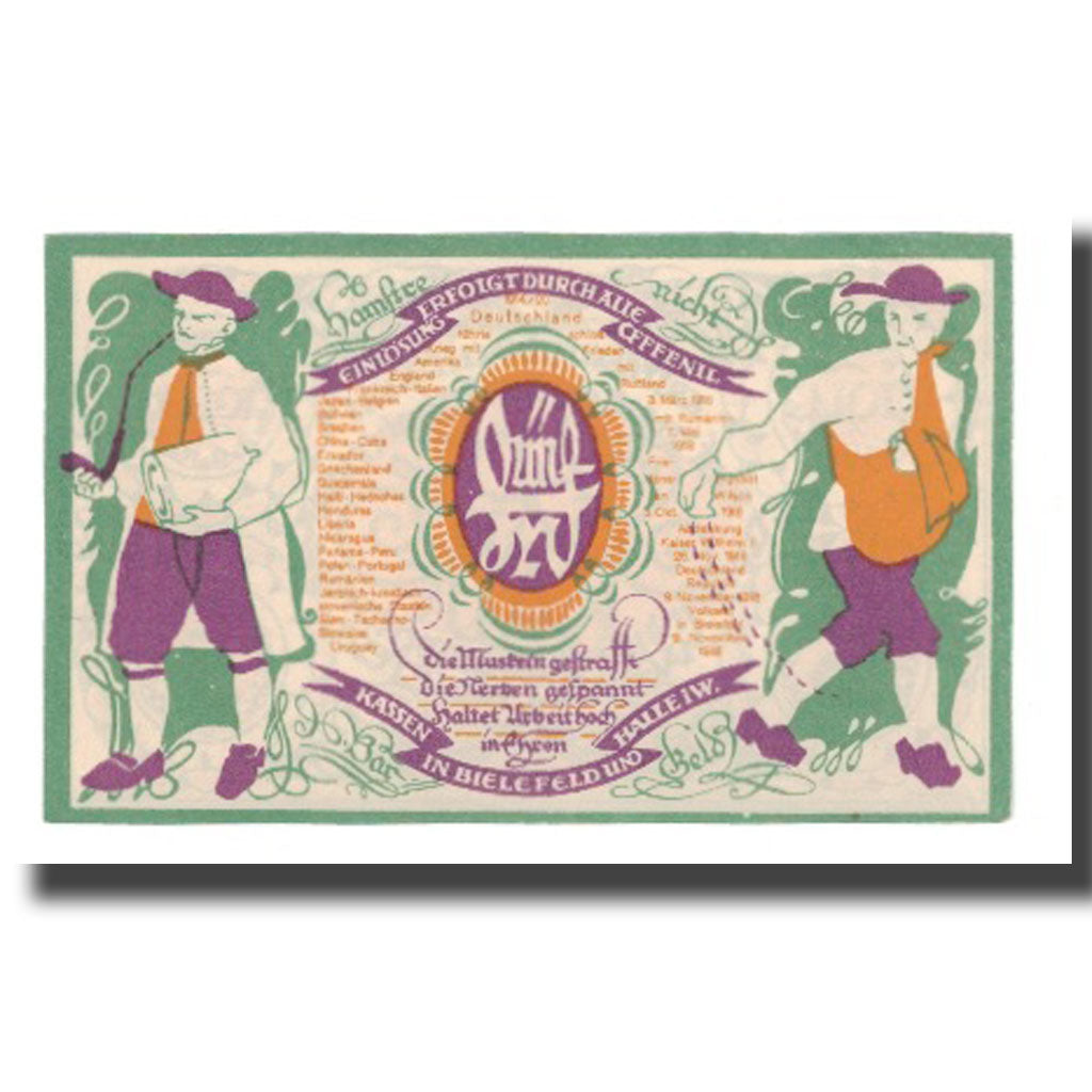 Banconote, Germania, Bielefeld Stadt, 5 Mark, personnage, 1920, 1920-01-10