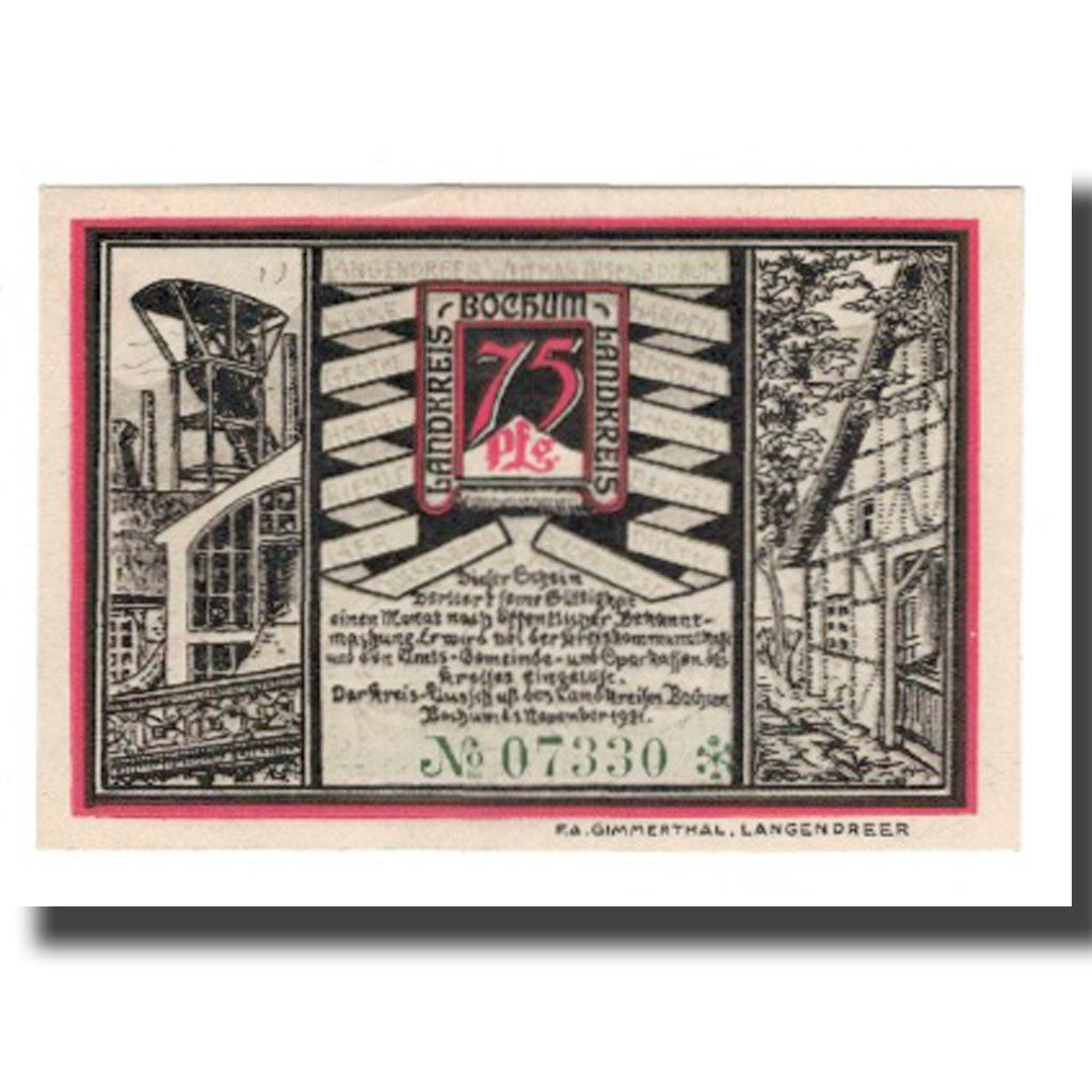 Billet, Allemagne, Bochum Landkreis, 75 Pfennig, personnage 3, 1921, 1921-11-01