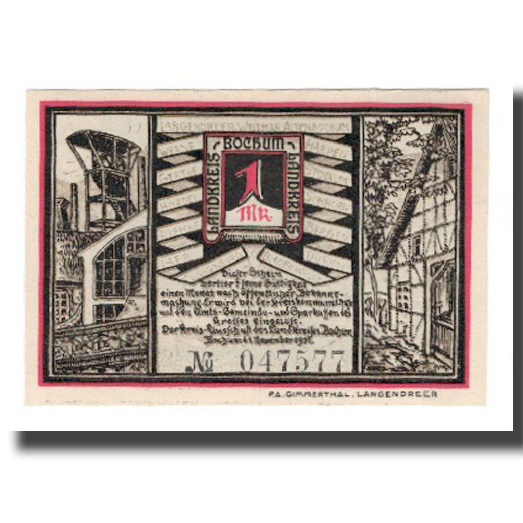 Biljet, Duitsland, Bochum Landkreis, 1 Mark, personnage, 1921, 1921-11-01, SUP