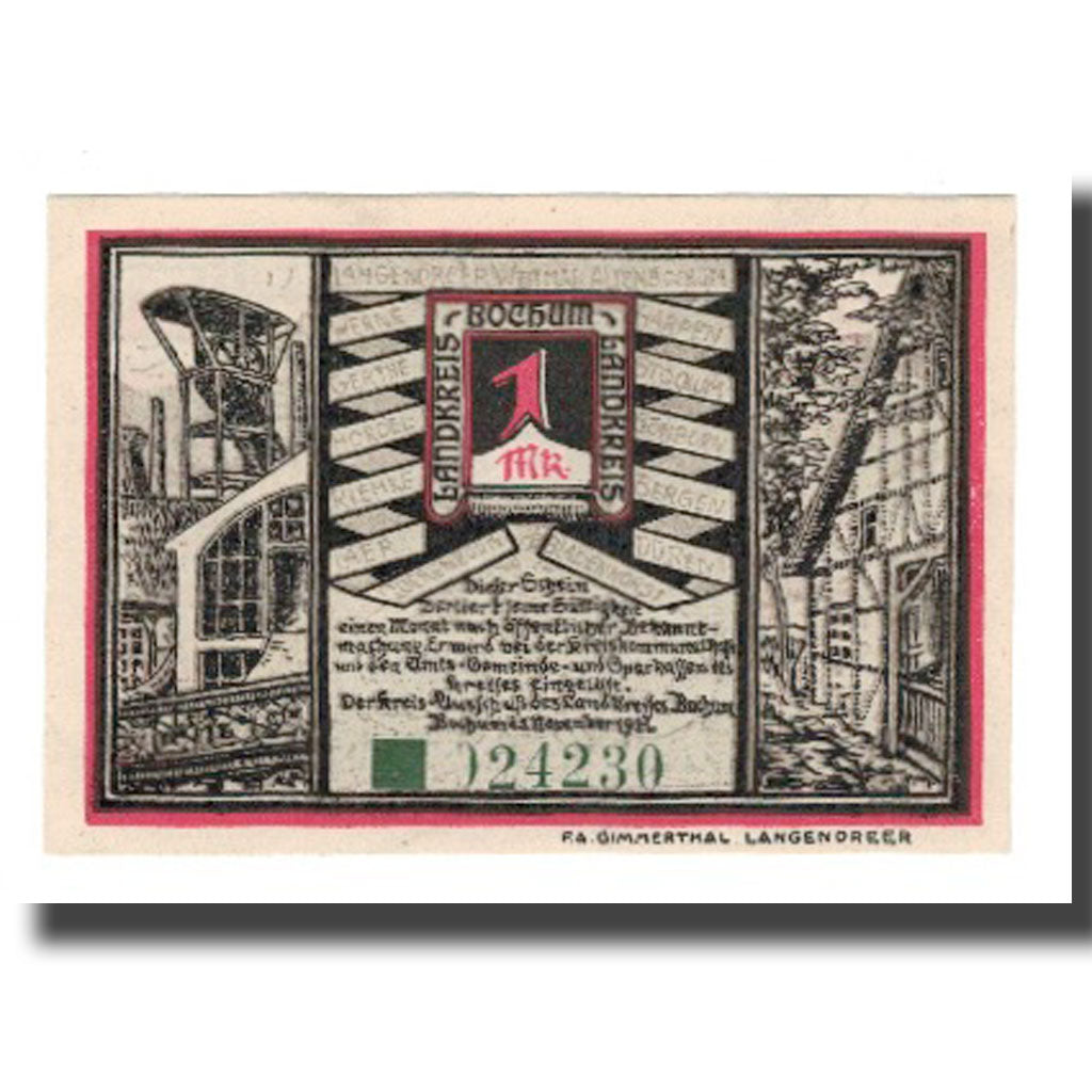 Billete, Alemania, Bochum Landkreis, 1 Mark, personnage 1, 1921, 1921-11-01