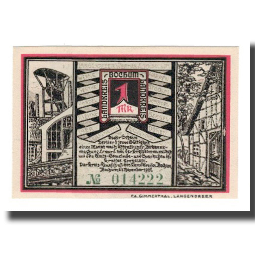Billete, Alemania, Bochum Landkreis, 1 Mark, personnage 2, 1921, 1921-11-01