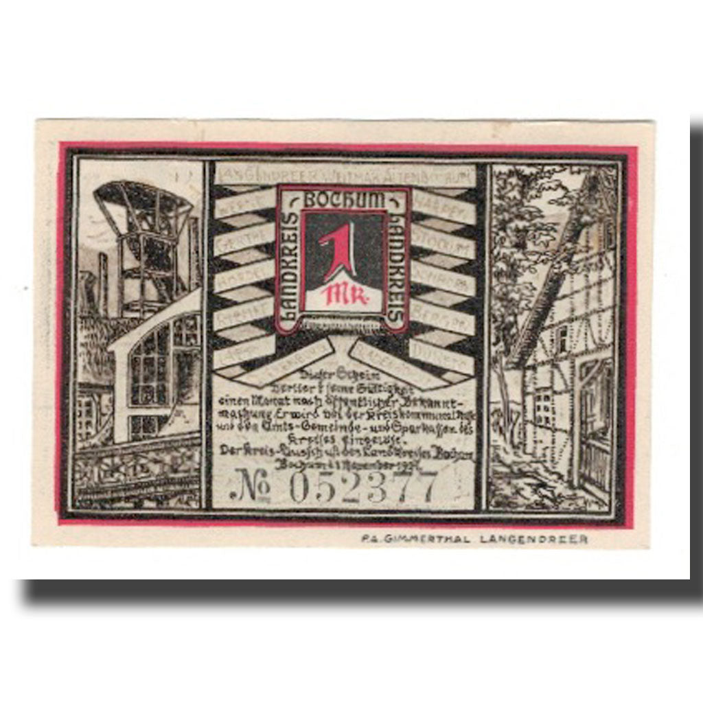 Billete, Alemania, Bochum Landkreis, 1 Mark, personnage 3, 1921, 1921-11-01
