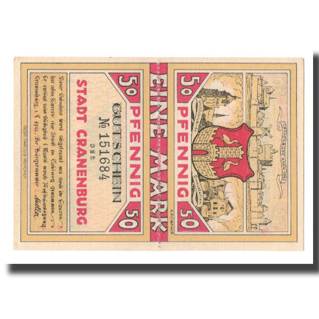 Nota, Alemanha, Cranenburg Stadt, 1 Mark, Blason 1, 1921, 1921-02-01, AU(55-58)