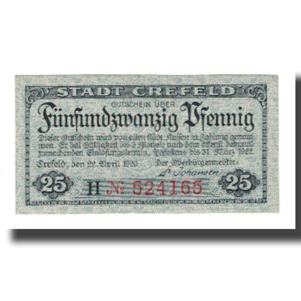 Banknote, Germany, Crefeld Stadt, 25 Pfennig, paysage, 1921, 1921-03-31