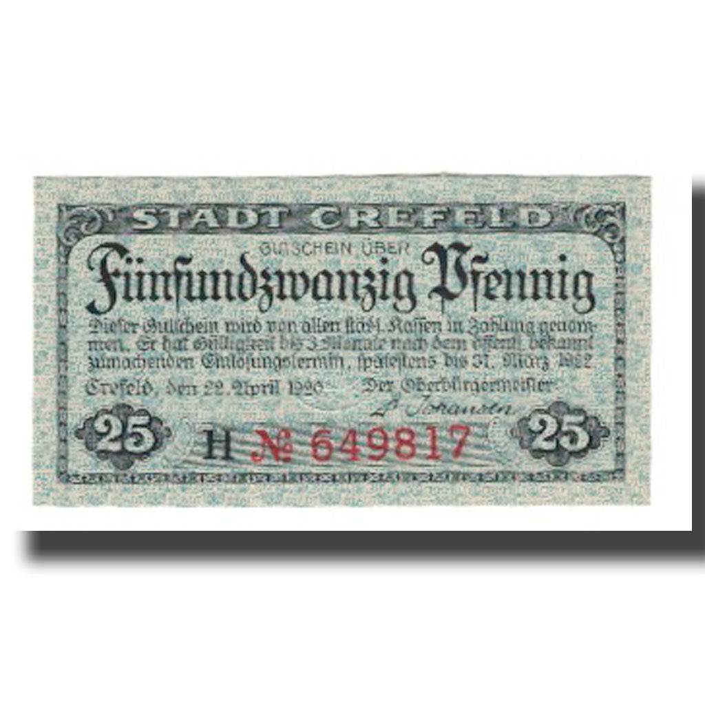 Geldschein, Deutschland, Crefeld Stadt, 25 Pfennig, paysage 1, 1921, 1921-03-31