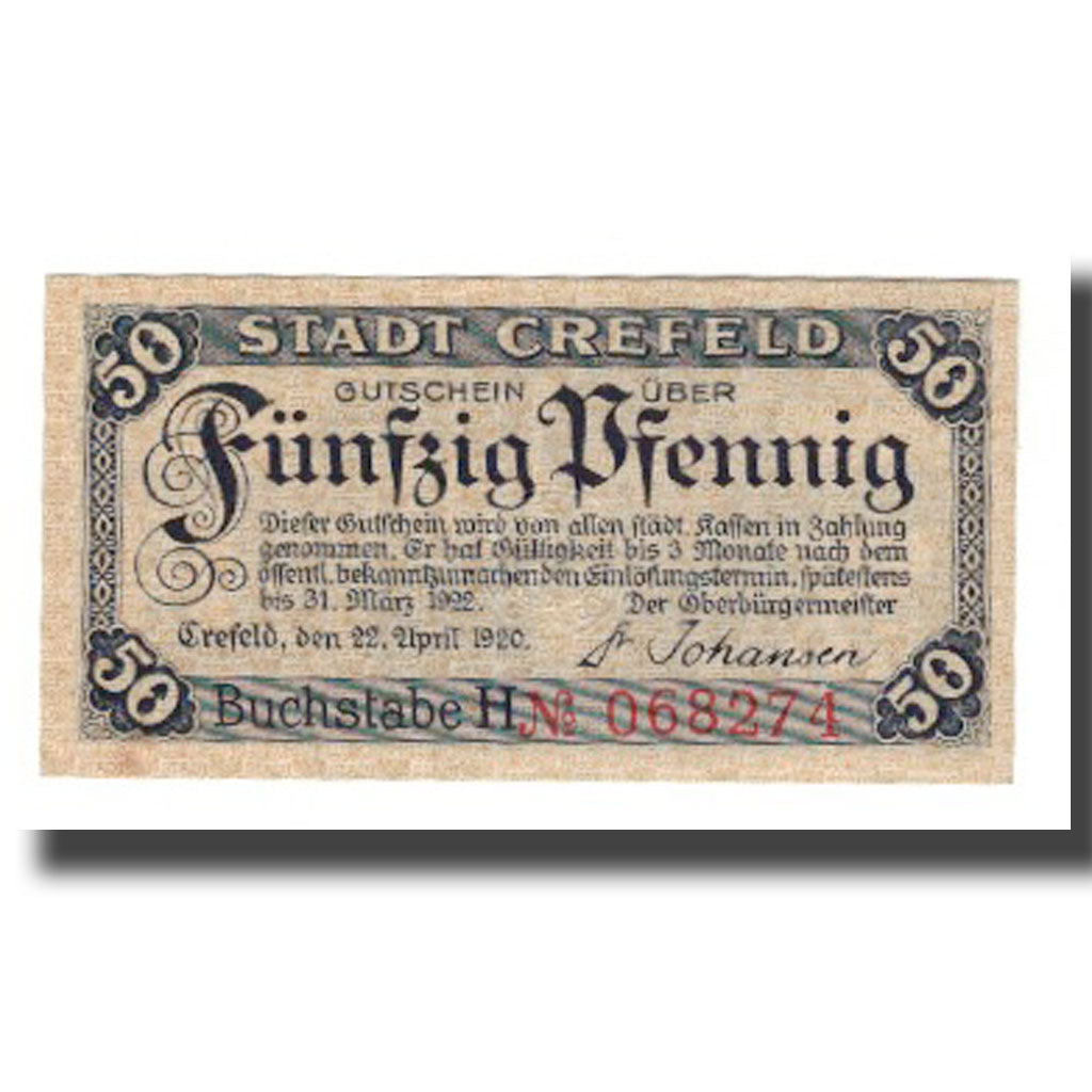 Banknot, Niemcy, Crefeld Stadt, 50 Pfennig, rue 1, 1922, 1922-03-31, AU(55-58)