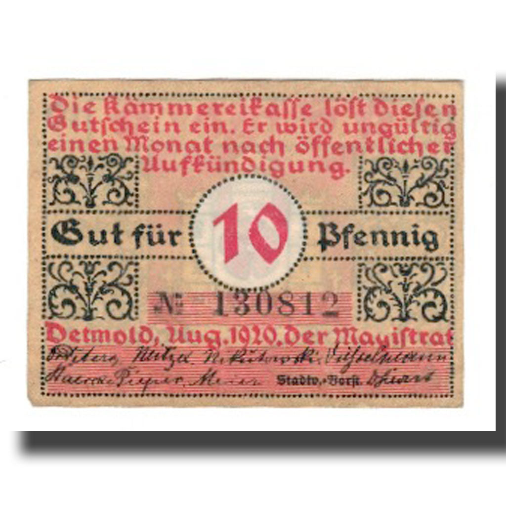 Banknot, Niemcy, Detmold Stadt, 10 Pfennig, Blason 1, 1920, AU(55-58)