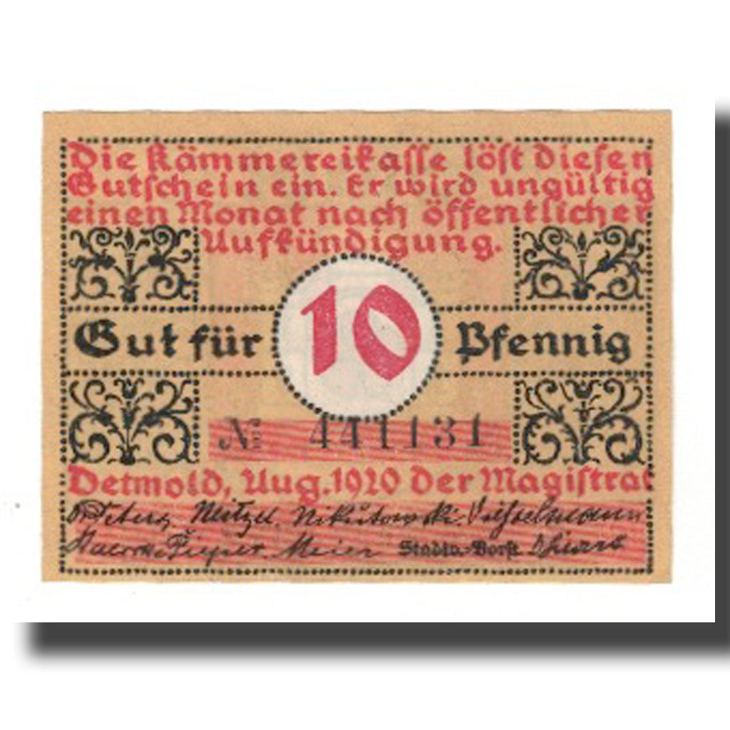 Geldschein, Deutschland, Detmold Stadt, 10 Pfennig, Blason 2, 1920, VZ