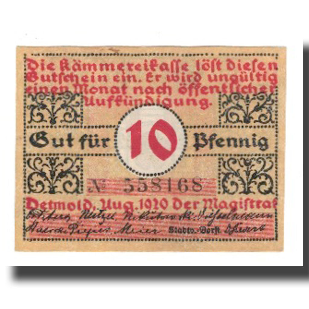Banknot, Niemcy, Detmold Stadt, 10 Pfennig, Blason 3, 1920, AU(55-58)