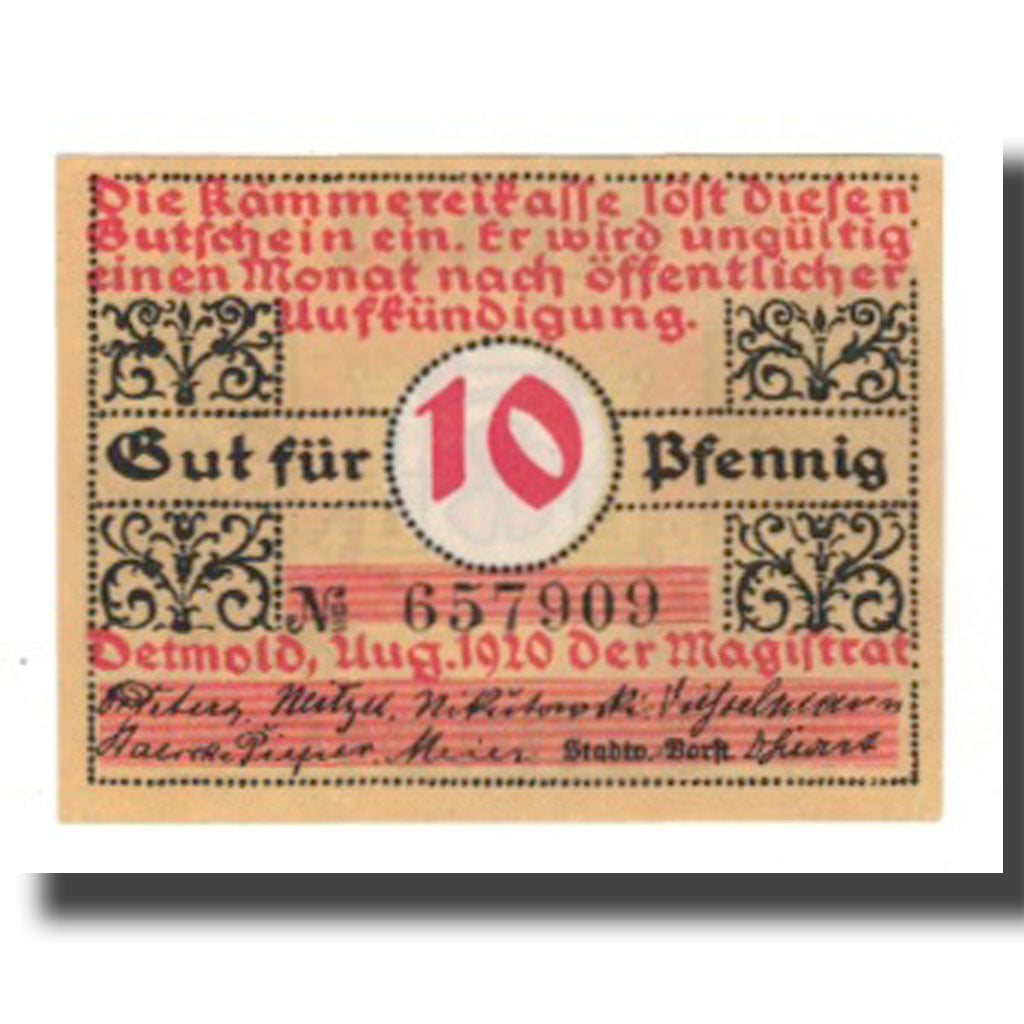 Billete, Alemania, Detmold Stadt, 10 Pfennig, Blason 5, 1920, EBC, Mehl:268.1
