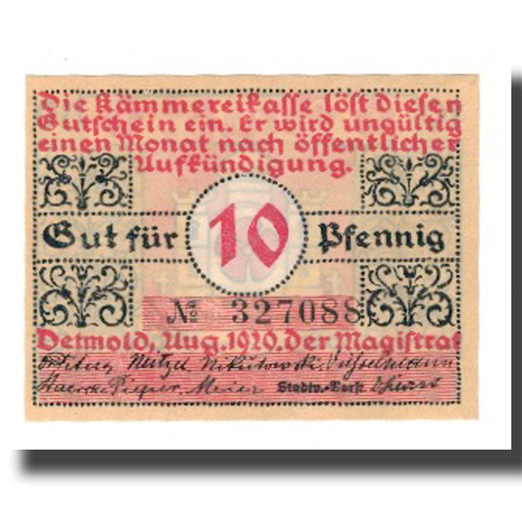 Geldschein, Deutschland, Detmold Stadt, 10 Pfennig, Blason 6, 1920, VZ
