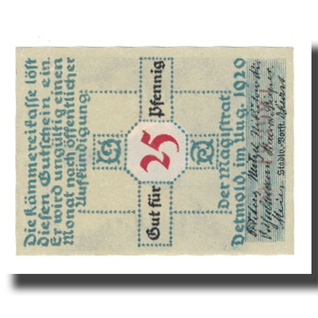 Billet, Allemagne, Detmold Stadt, 25 Pfennig, personnage 1, 1920, SUP