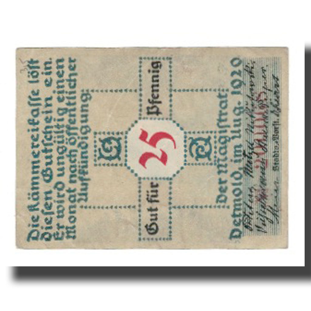 Banknote, Germany, Detmold Stadt, 25 Pfennig, personnage 2, 1920, EF(40-45)