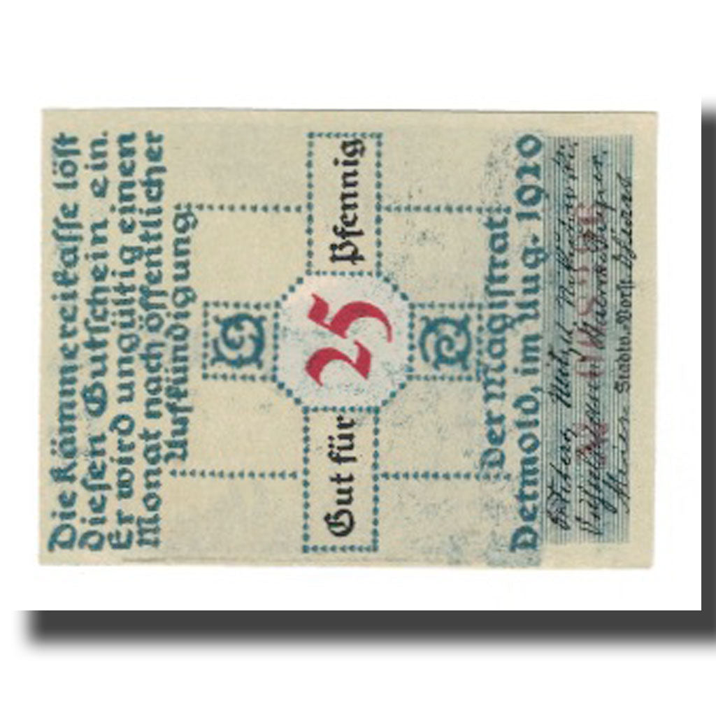 Billet, Allemagne, Detmold Stadt, 25 Pfennig, personnage 3, 1920, SUP