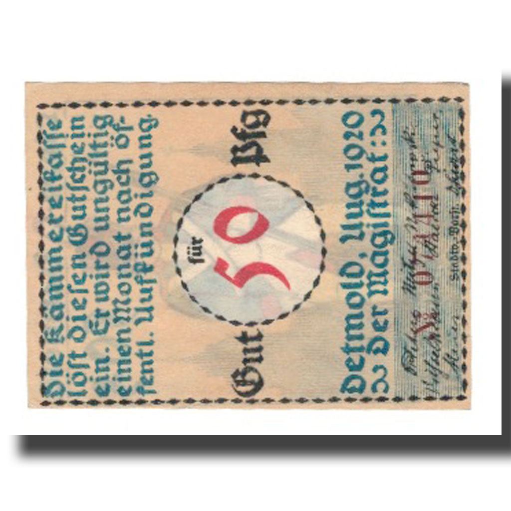 Banknote, Germany, Detmold Stadt, 50 Pfennig, personnage 4, 1920, AU(55-58)