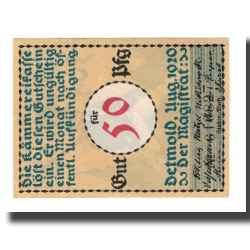 Banknote, Germany, Detmold Stadt, 50 Pfennig, personnage 8, 1920, AU(55-58)