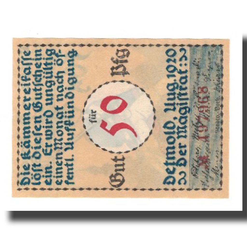 Banknot, Niemcy, Detmold Stadt, 50 Pfennig, personnage 9, 1920, AU(55-58)
