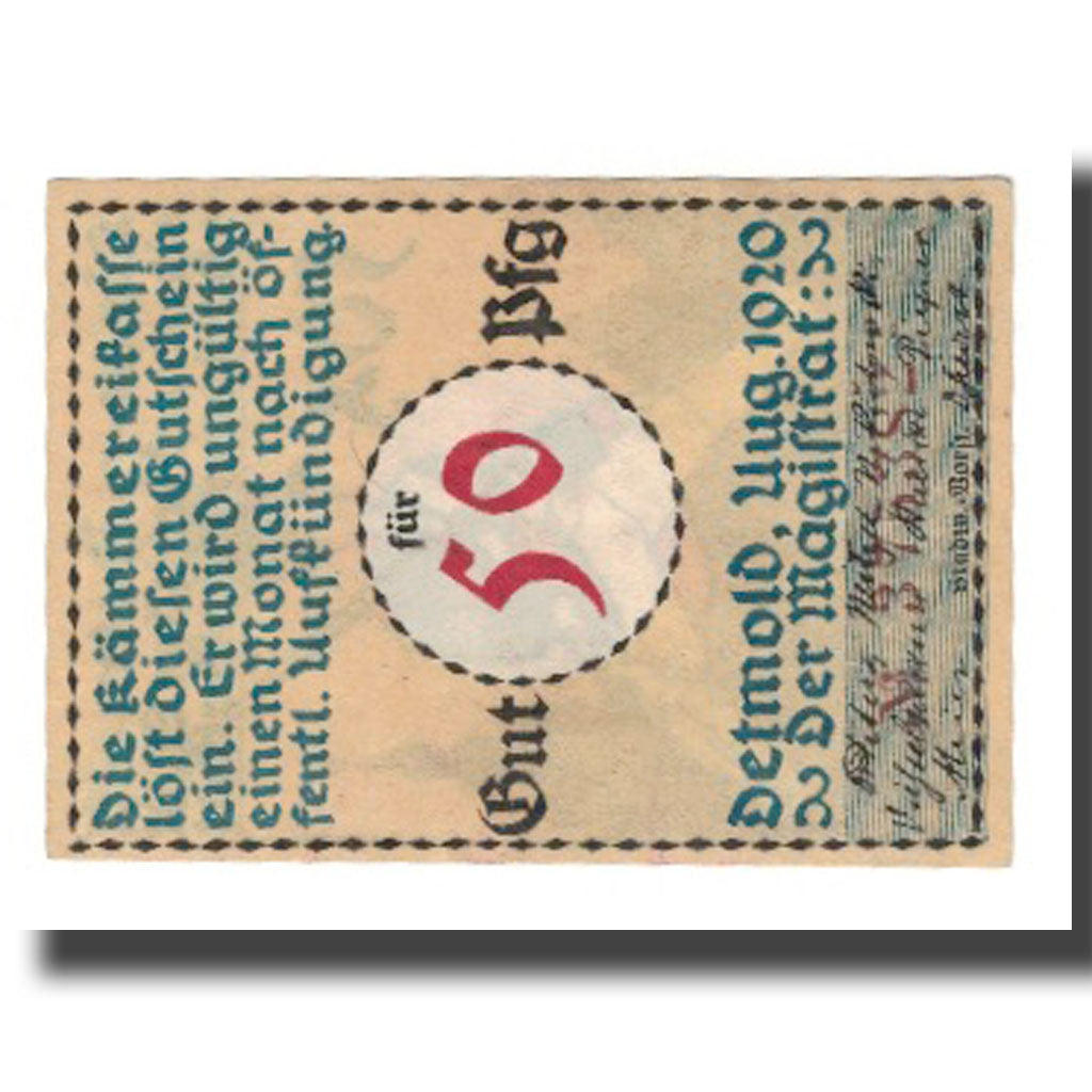 Banknote, Germany, Detmold Stadt, 50 Pfennig, personnage, 1920, AU(55-58)