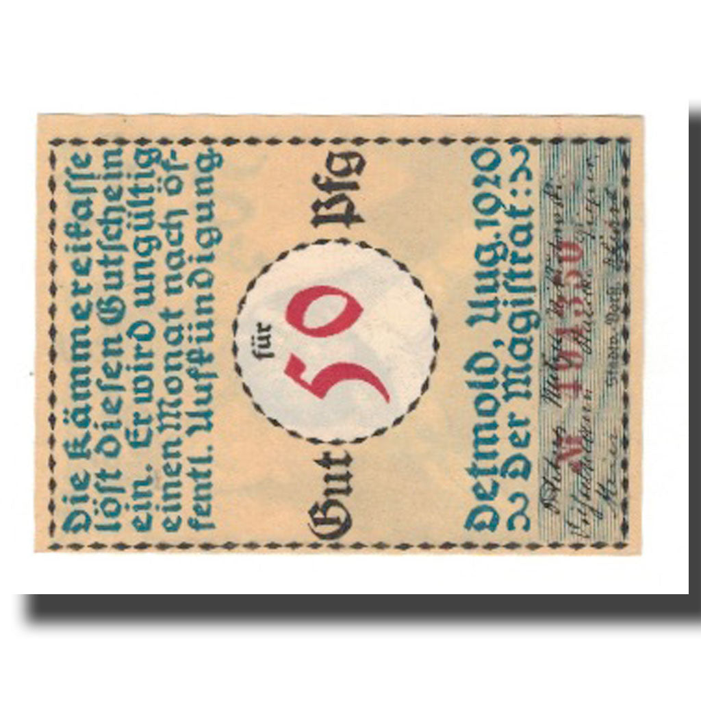 Banknot, Niemcy, Detmold Stadt, 50 Pfennig, personnage 1, 1920, AU(55-58)