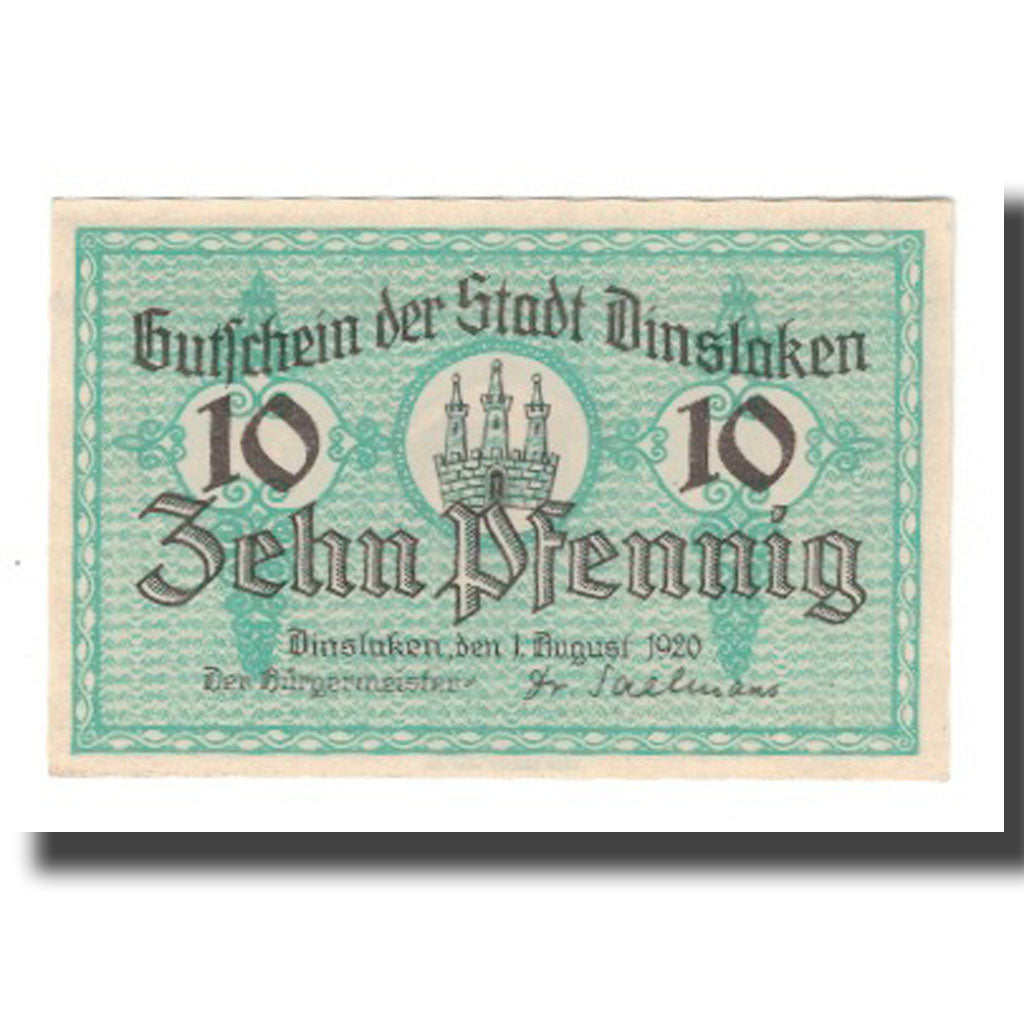 Banknot, Niemcy, Dinslaken Stadt, 10 Pfennig, personnage 2, 1920, 1920-08-01