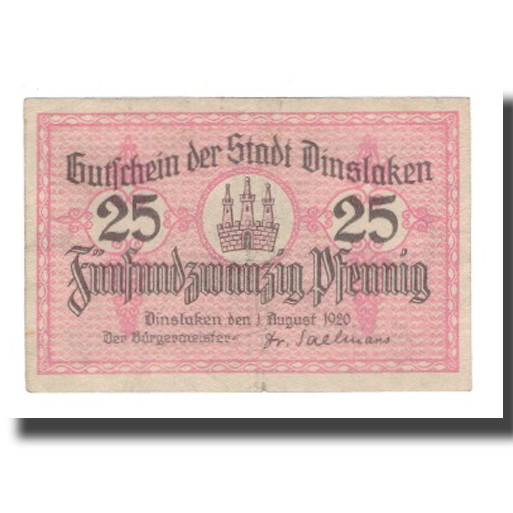 Billet, Allemagne, Dinslaken Stadt, 25 Pfennig, personnage, 1920, 1920-08-01