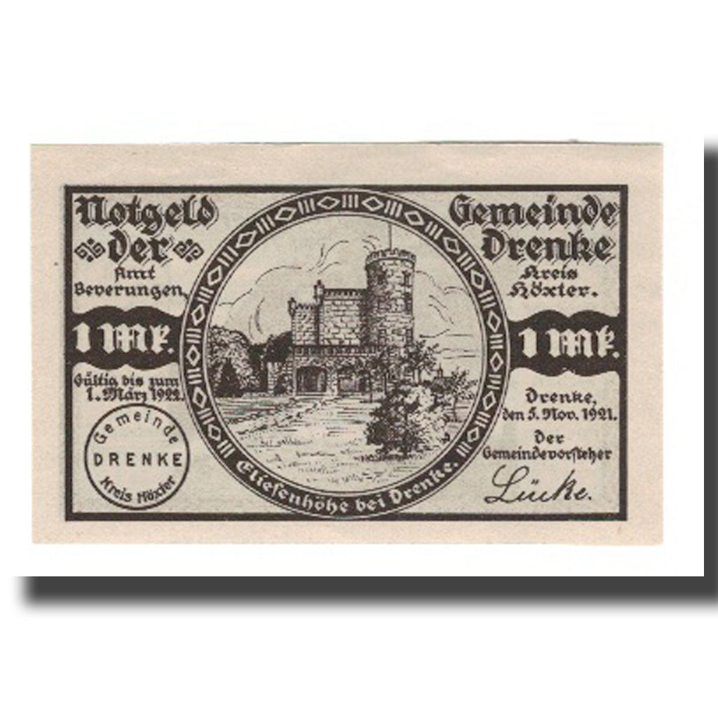 Geldschein, Deutschland, Drenke Gemeinde, 1 Mark, Batiment, 1922, 1922-03-01