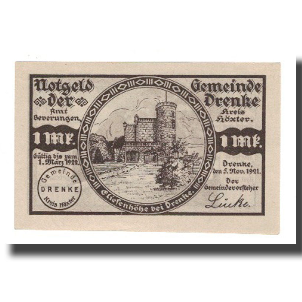 Banknote, Germany, Drenke Gemeinde, 1 Mark, batiment 1, 1922, 1922-03-01