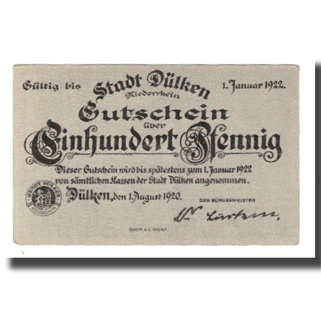 Banknote, Germany, Dülken Stadt, 100 Pfennig, personnage, 1922, 1922-01-01