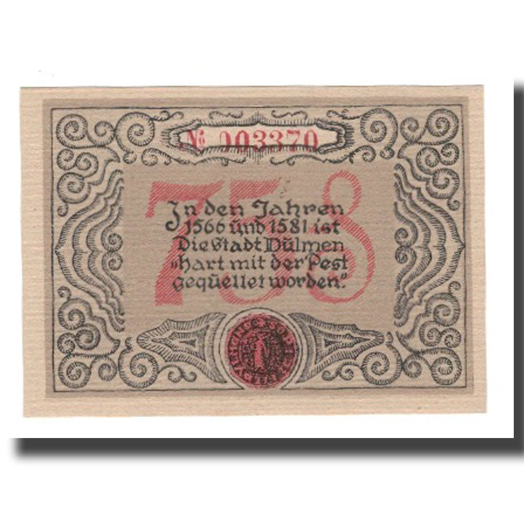 Geldschein, Deutschland, Dülmen Stadt, 75 Pfennig, Texte, 1921, 1921-12-01, VZ