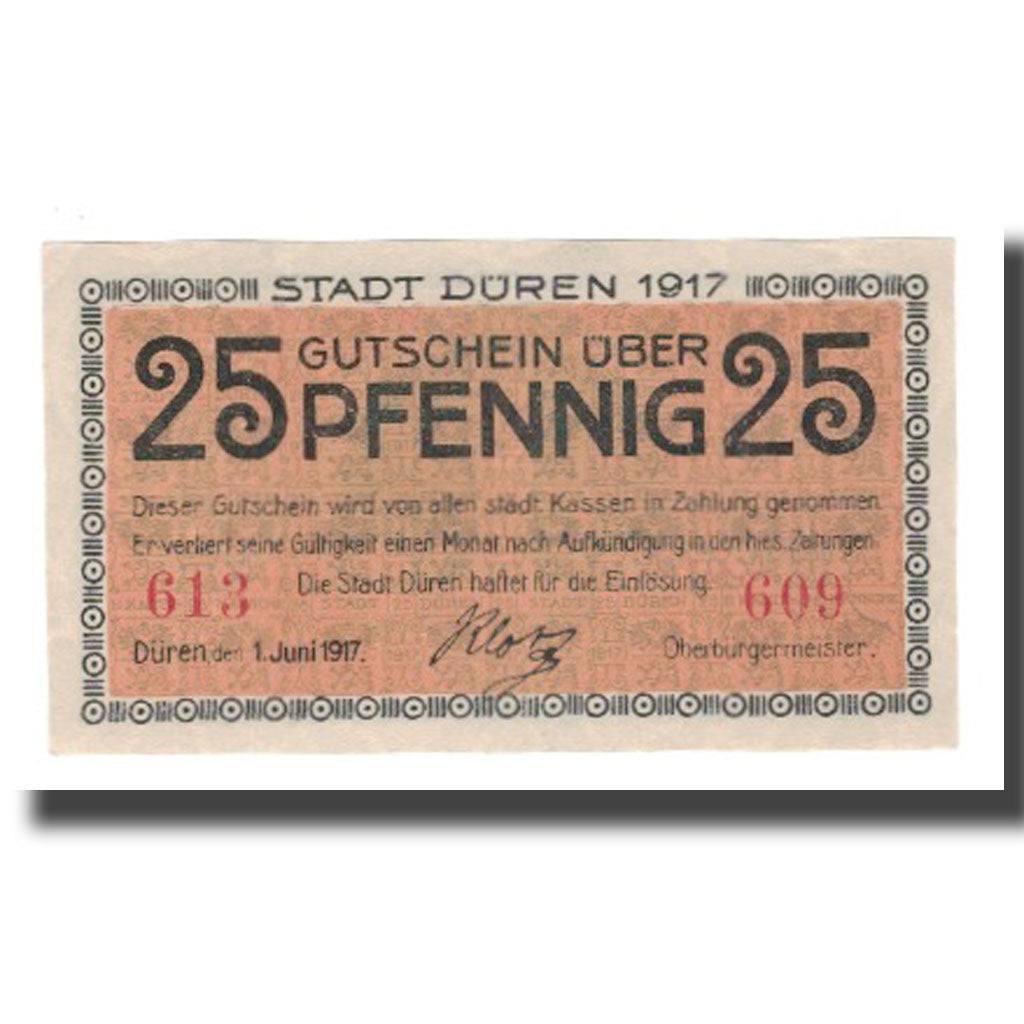 Nota, Alemanha, Duren Stadt, 25 Pfennig, valeur faciale, 1917, 1917-06-01
