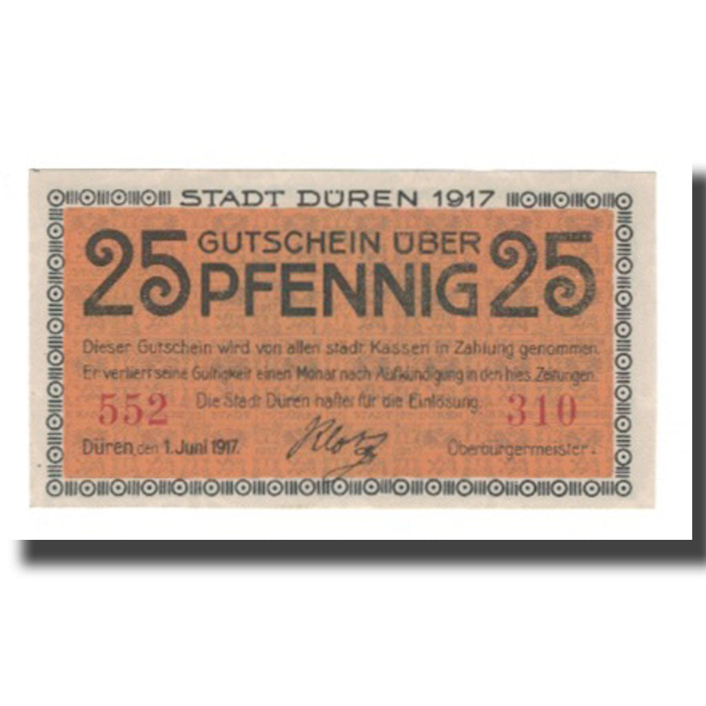 Nota, Alemanha, Duren Stadt, 25 Pfennig, valeur faciale 2, 1917, 1917-06-01