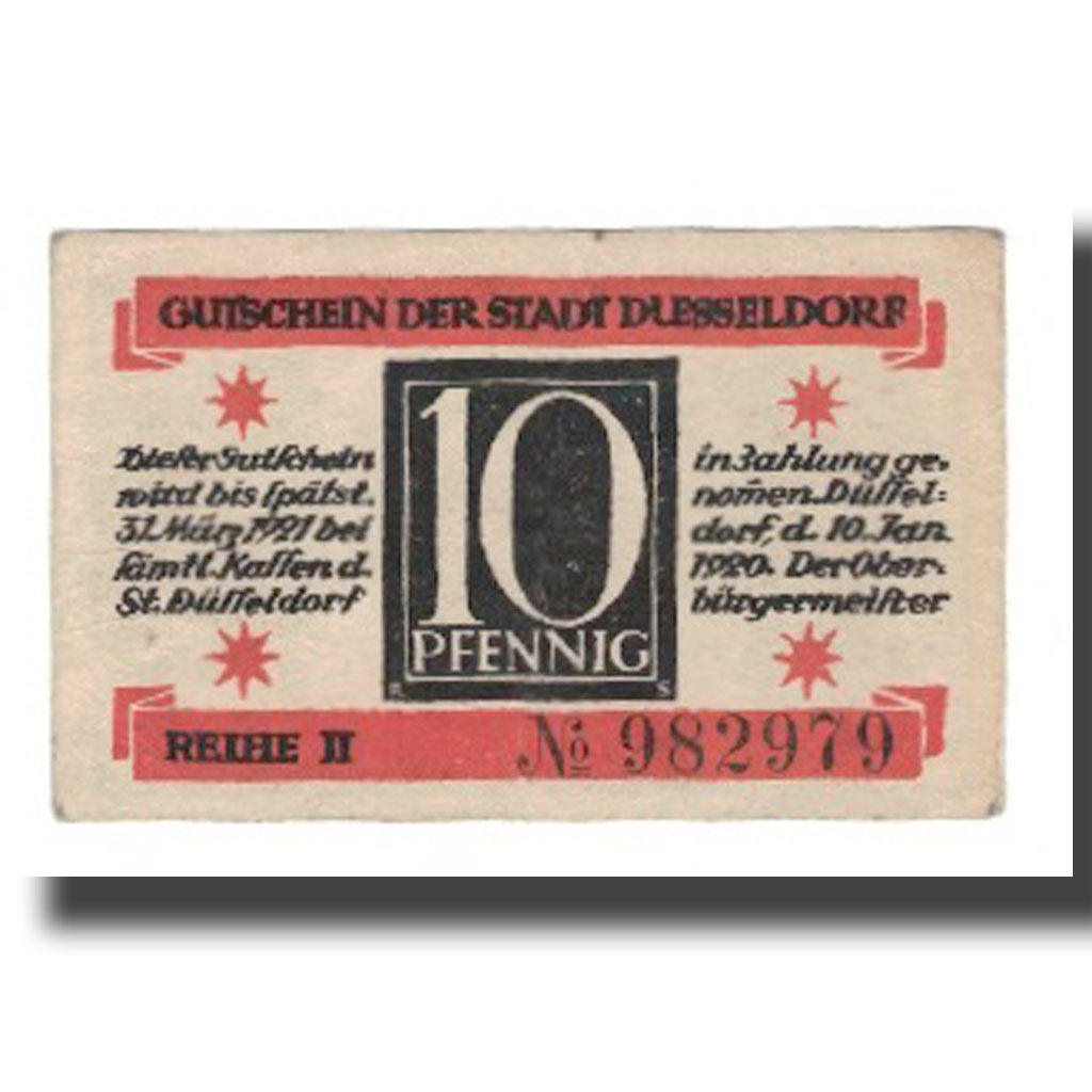 Geldschein, Deutschland, Düsseldorf Stadt, 10 Pfennig, valeur faciale 1, 1921