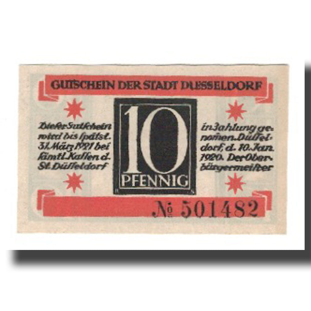 Banknote, Germany, Düsseldorf Stadt, 10 Pfennig, valeur faciale 2, 1921