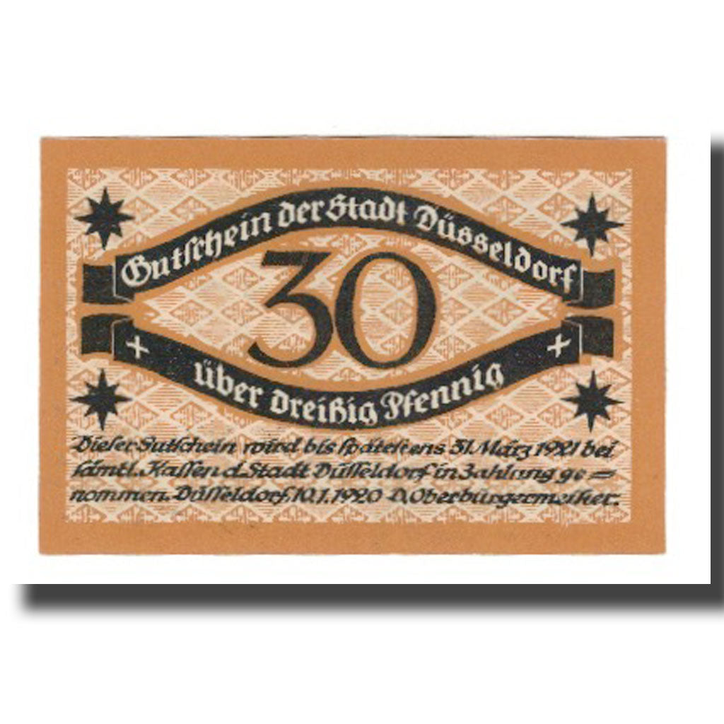 Geldschein, Deutschland, Düsseldorf Stadt, 30 Pfennig, valeur faciale 1, 1921