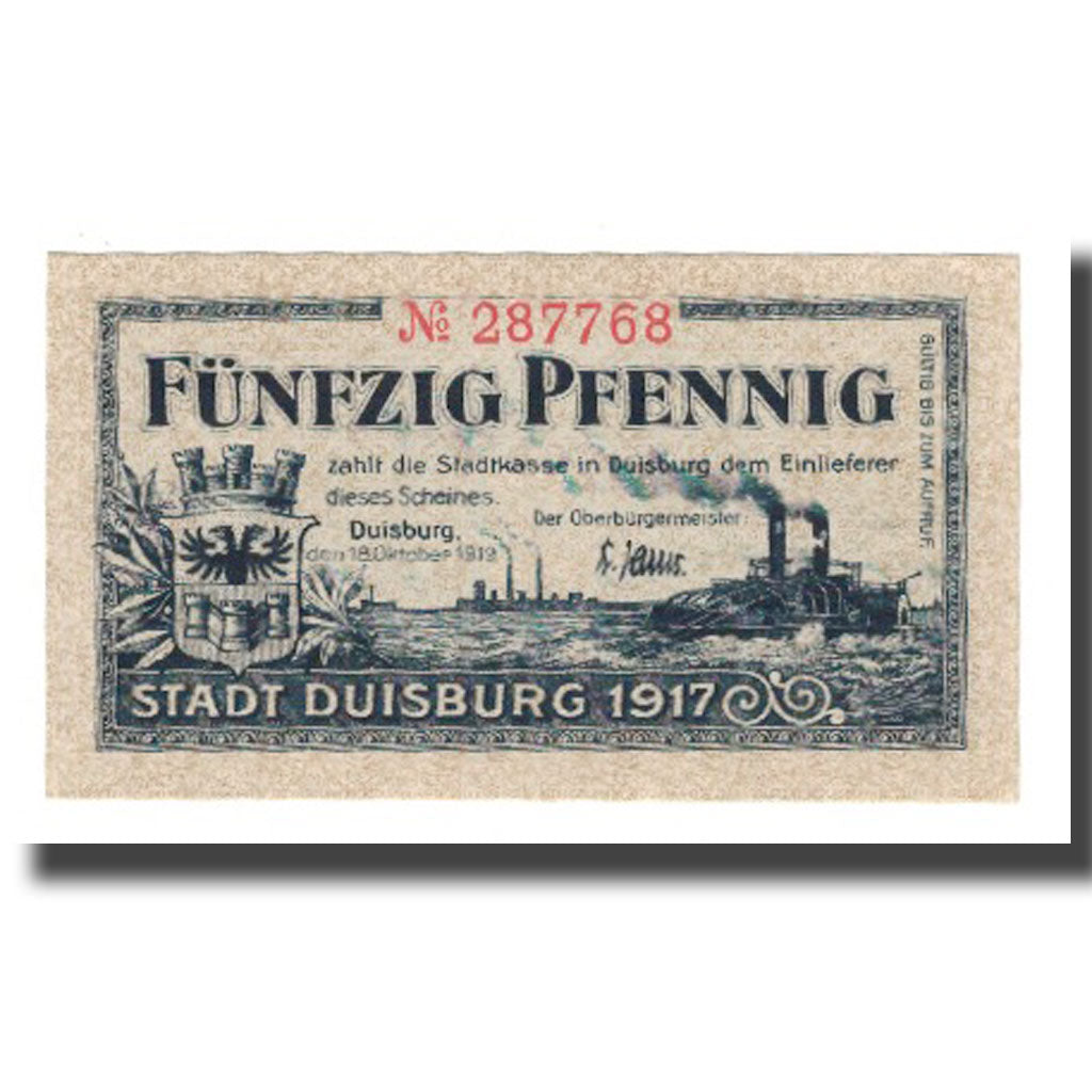 Banknote, Germany, Duisburg Stadt, 50 Pfennig, valeur faciale 1, 1919