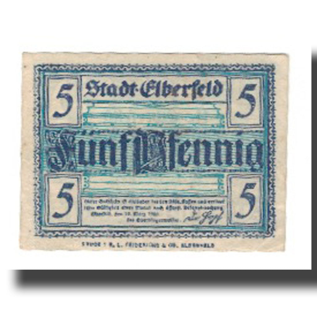 Banknot, Niemcy, Elberfeld Stadt, 5 Pfennig, texte 1, 1920, 1920-03-10