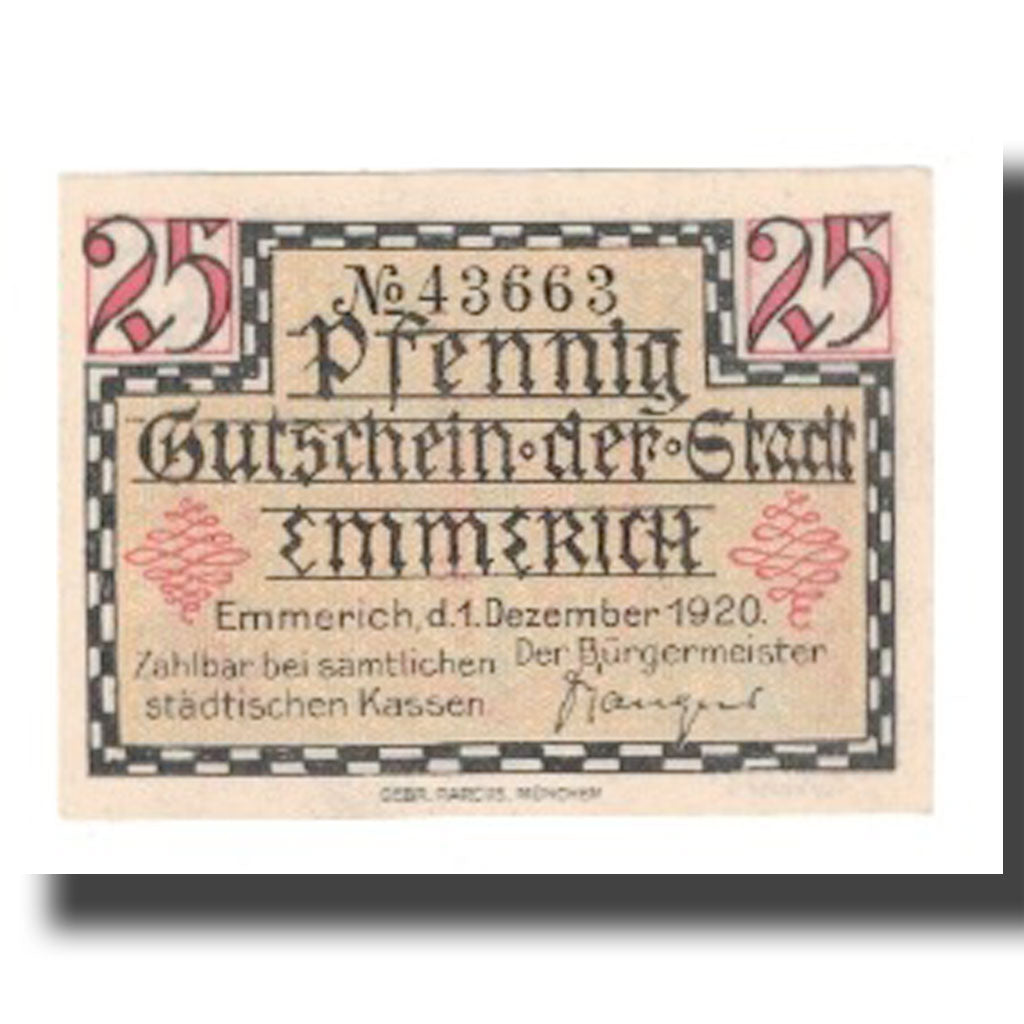 Banknote, Germany, Emmerich Stadt, 25 Pfennig, Blason, 1920, 1920-12-01