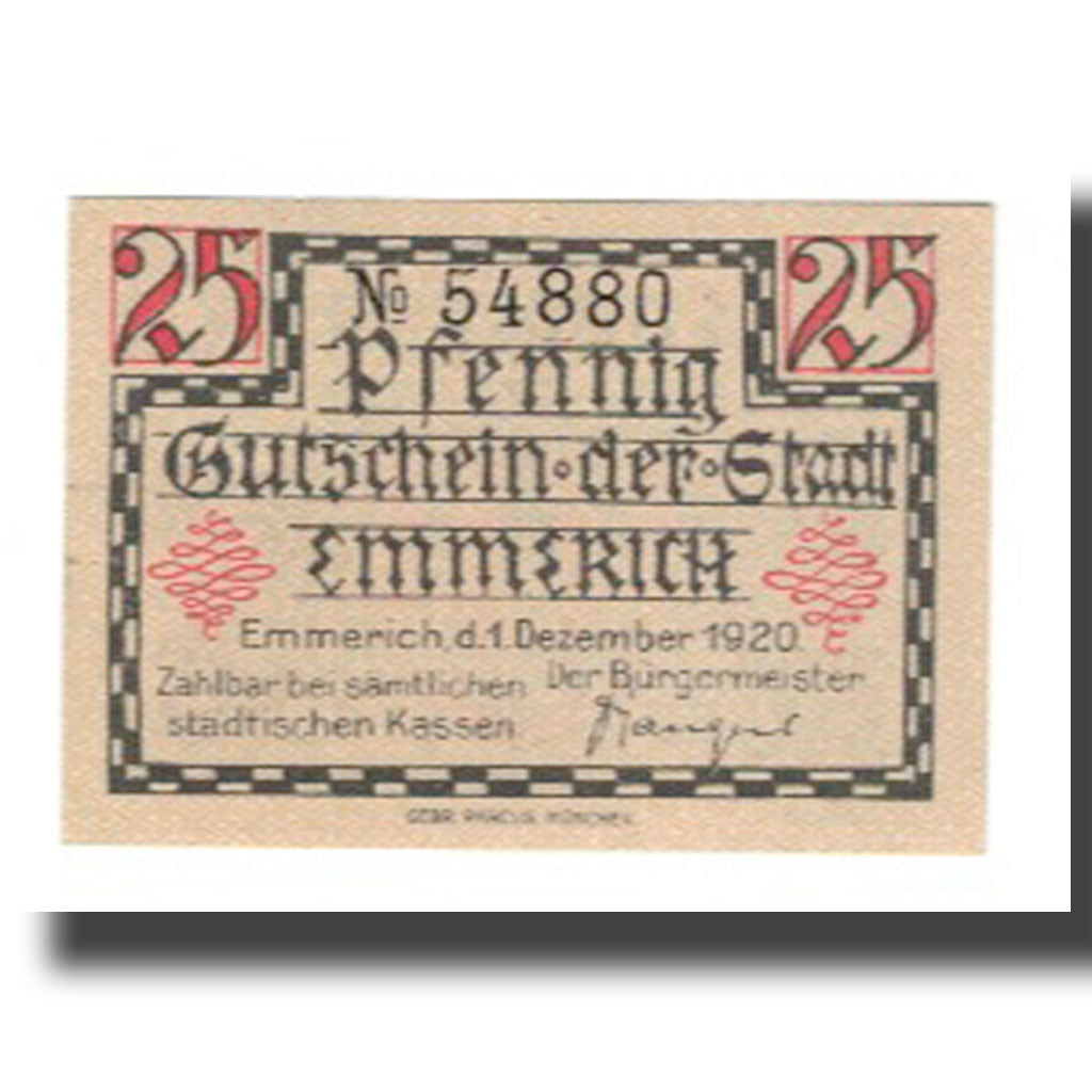 Banknote, Germany, Emmerich Stadt, 25 Pfennig, Blason, 1920, 1920-12-01
