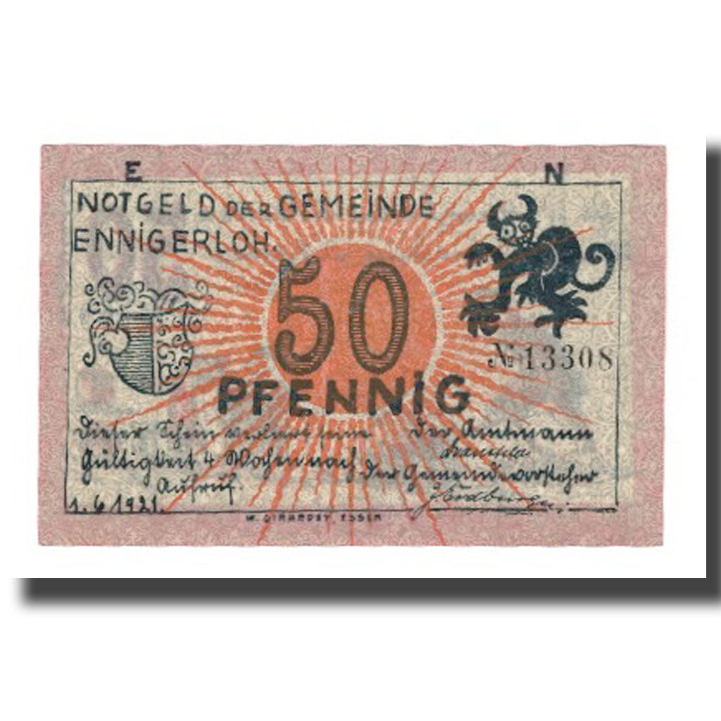 Billet, Allemagne, Ennigerloh Gemeinde, 50 Pfennig, personnage 3, 1921