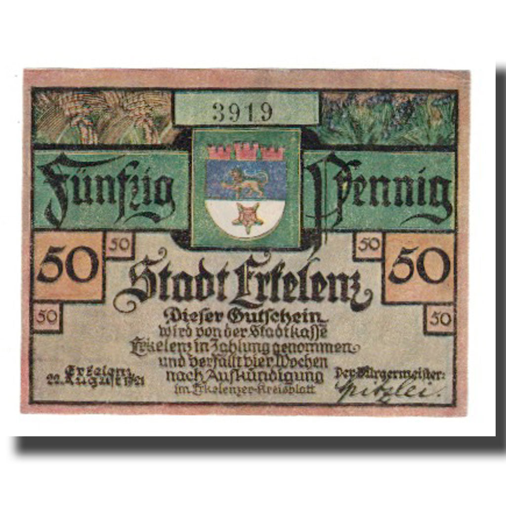 Geldschein, Deutschland, Erkelenz Stadt, 50 Pfennig, personnage 1, 1921