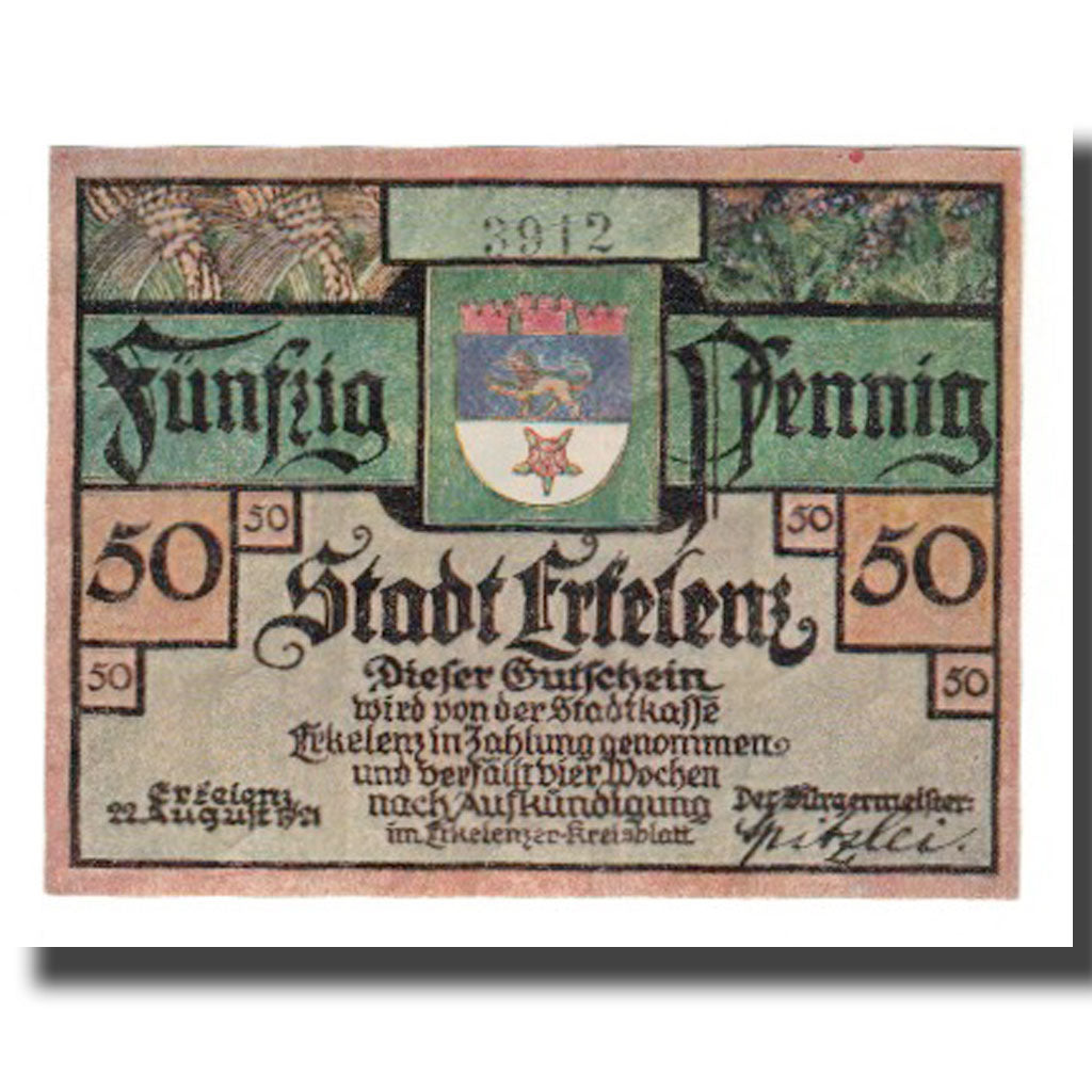 Banknote, Germany, Erkelenz Stadt, 50 Pfennig, personnage 2, 1921, 1921-08-22