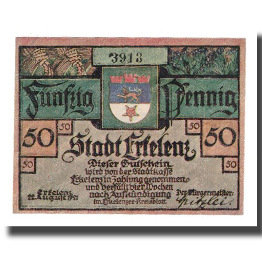 Banknot, Niemcy, Erkelenz Stadt, 50 Pfennig, personnage 3, 1921, 1921-08-22