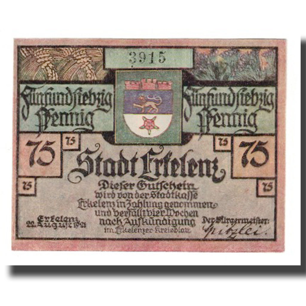 Billet, Allemagne, Erkelenz Stadt, 75 Pfennig, Usine, 1921, 1921-08-22, SUP