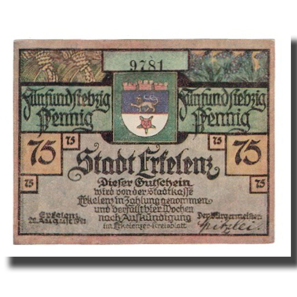 Banknot, Niemcy, Erkelenz Stadt, 75 Pfennig, Usine 1, 1921, 1921-08-22