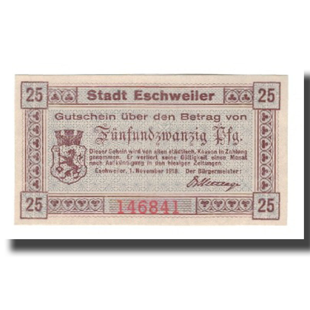 Banconote, Germania, Eschweiler Stadt, 25 Pfennig, Texte, 1918, 1918-11-01