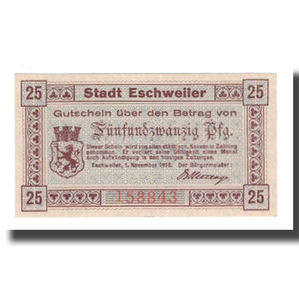 Billet, Allemagne, Eschweiler Stadt, 25 Pfennig, texte 1, 1918, 1918-11-01, SUP